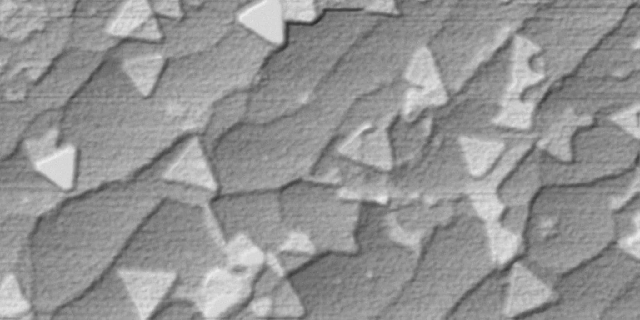 MOCVD WS₂ triangular islands on substrate step terraces, AFM topography (1 µm field)